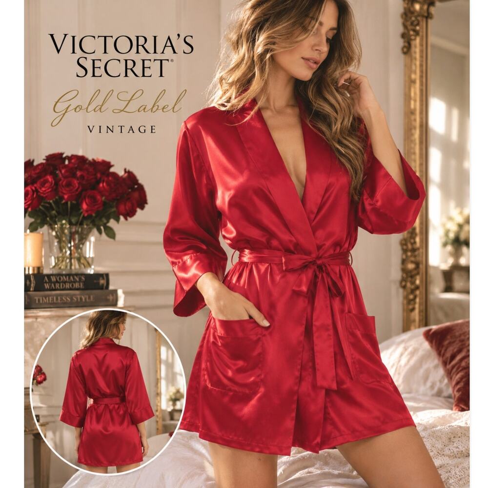 Vintage Victoria's Secret Gold Label Red Satin Robe M/L 80s Lingerie Kimono